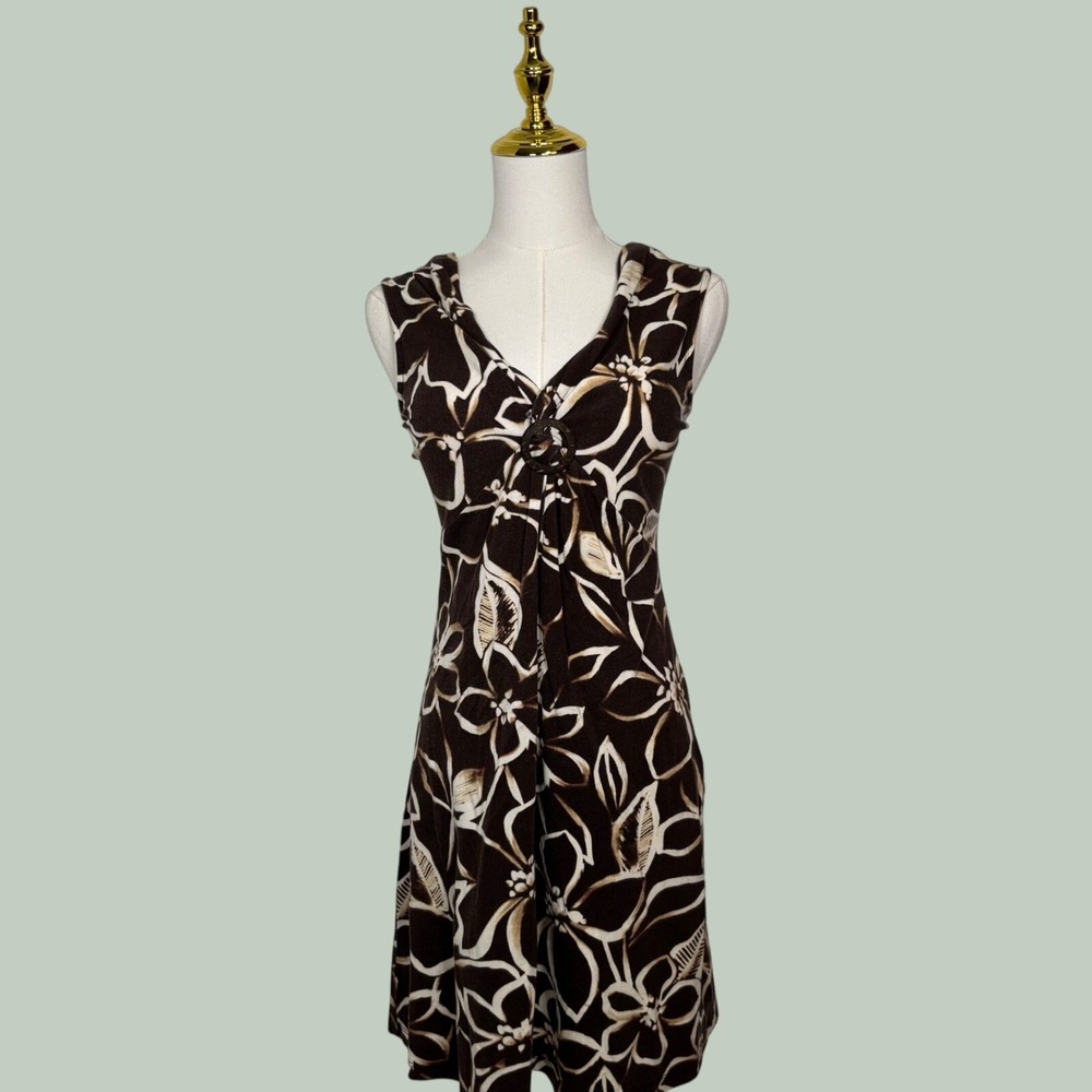 vintage 90s jones new york brown‎ beige wood midi floral dress Y2K vacation chic